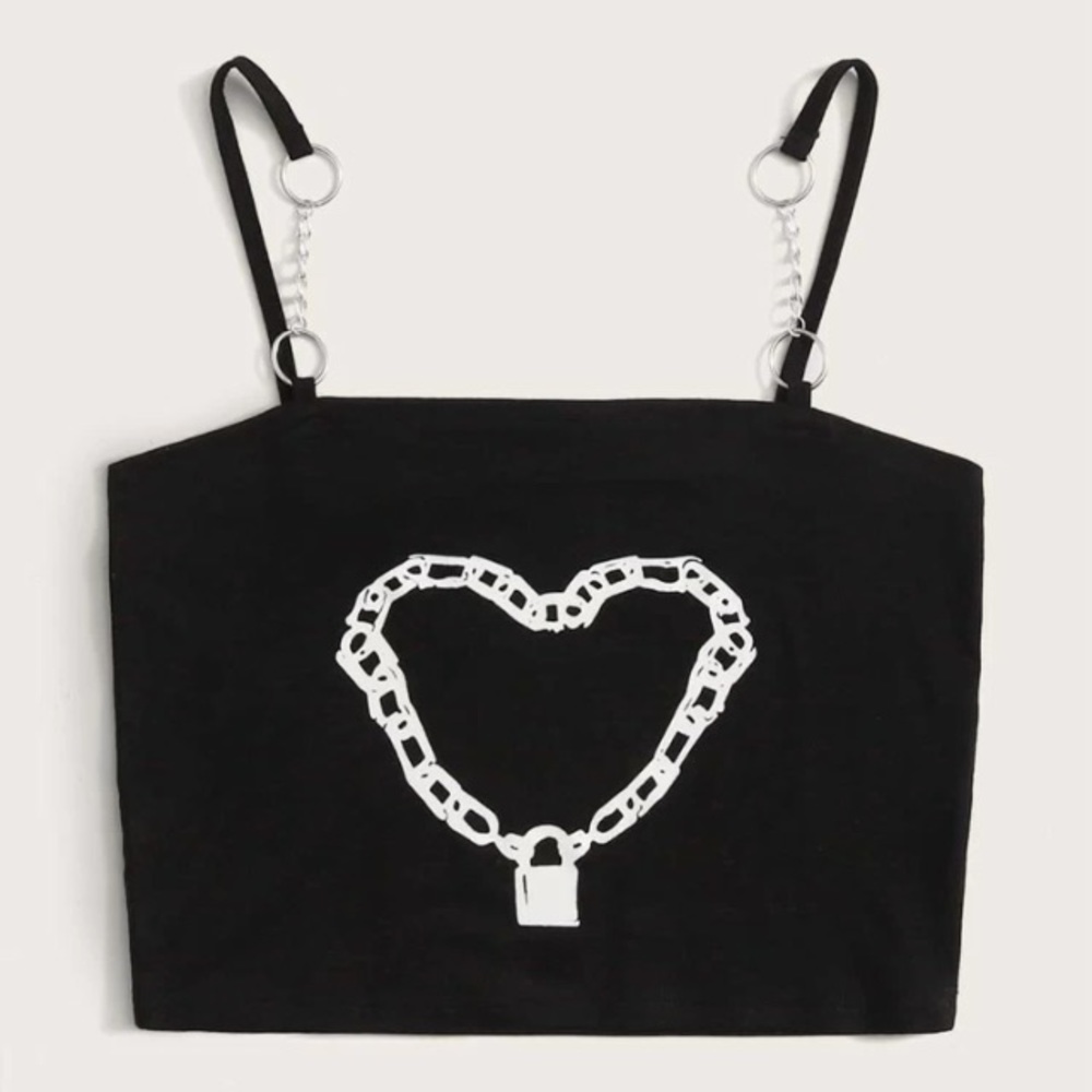 Unique Heart Print A Lock 🔒 Straps R Made Of Metal Chains Rare Crop Cami Top
